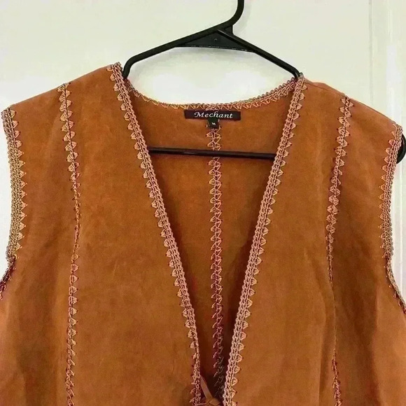 Mechant Womens Embroidered Vest Size M Brown Sleeveless Tie Front Mid Length - Picture 4 of 12